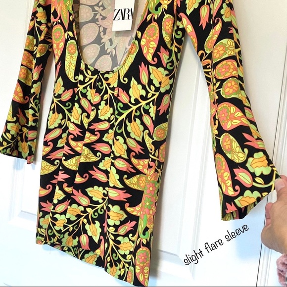 ZARA Mini Dress Paisley Long Sleeve Dress Retro YELLOW Black XS - Picture 10 of 17